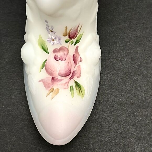 Fenton White Satin Milk Glass Hand Painted Slipper Shoe Roses Signed by Artist - Picture 8 of 12